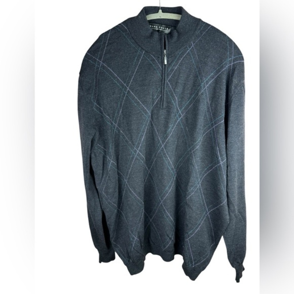 Mark Shale men’s 1/4 zip merino wool argyle grey blue long sleeve sweater L/ XL